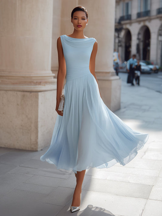 Alba Muse Draped Neck Sleeveless Pleated Midi Dress