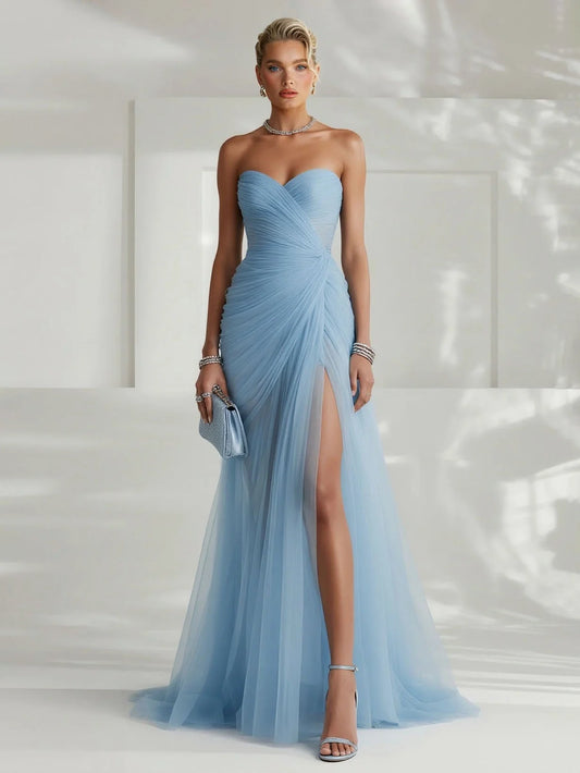 Alba Muse Strapless Pleated Tulle Maxi Dress Fitted Slit