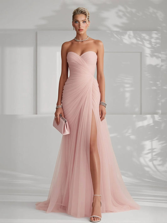Alba Muse Strapless Pleated Tulle Maxi Dress Fitted Slit
