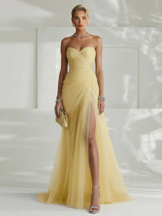 Alba Muse Strapless Pleated Tulle Maxi Dress Fitted Slit