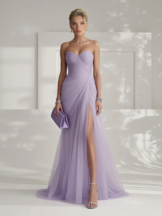 Alba Muse Strapless Pleated Tulle Maxi Dress Fitted Slit