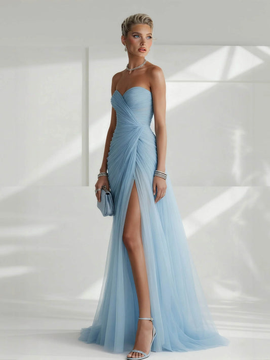 Alba Muse Strapless Pleated Tulle Maxi Dress Fitted Slit