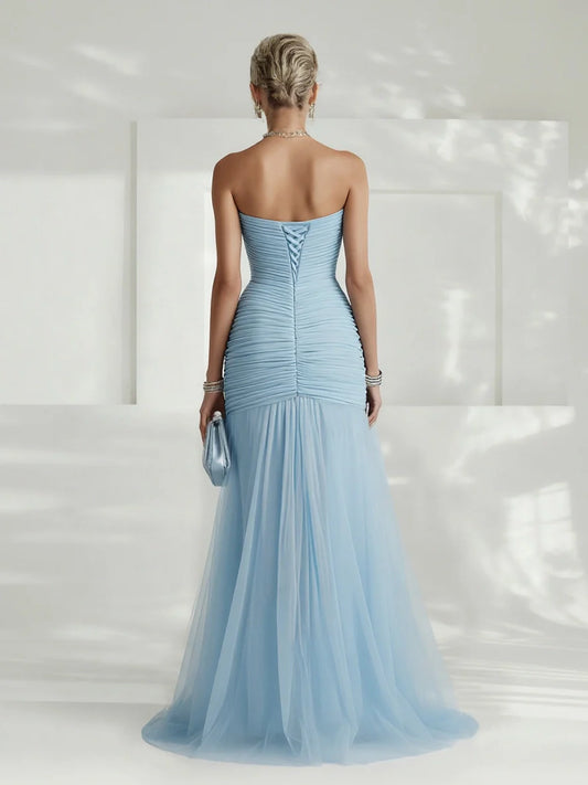 Alba Muse Strapless Pleated Tulle Maxi Dress Fitted Slit