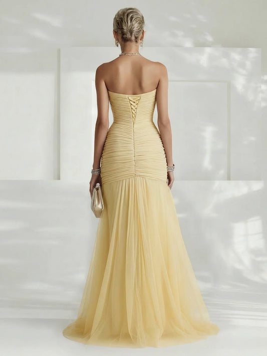 Alba Muse Strapless Pleated Tulle Maxi Dress Fitted Slit