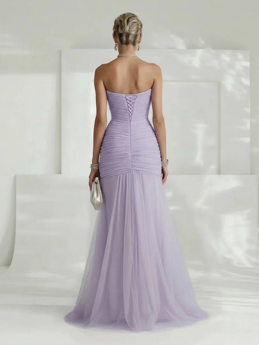 Alba Muse Strapless Pleated Tulle Maxi Dress Fitted Slit