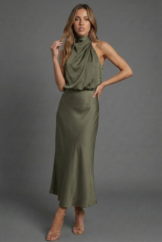 Alba Muse Halterneck Satin Midi Dress Wedding Guest Formal