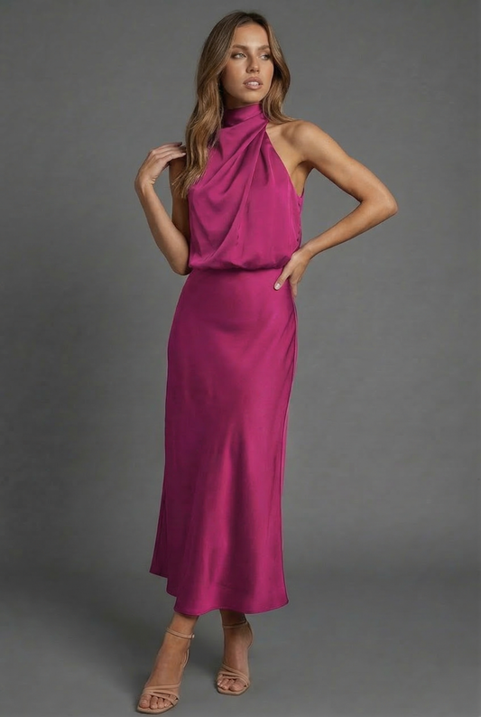 Alba Muse Halterneck Satin Midi Dress Wedding Guest Formal