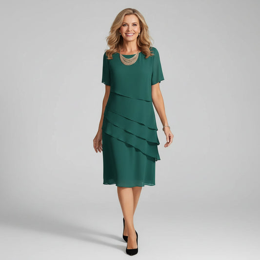 Alba Muse Tiered Chiffon Midi Dress Layered Short Sleeve