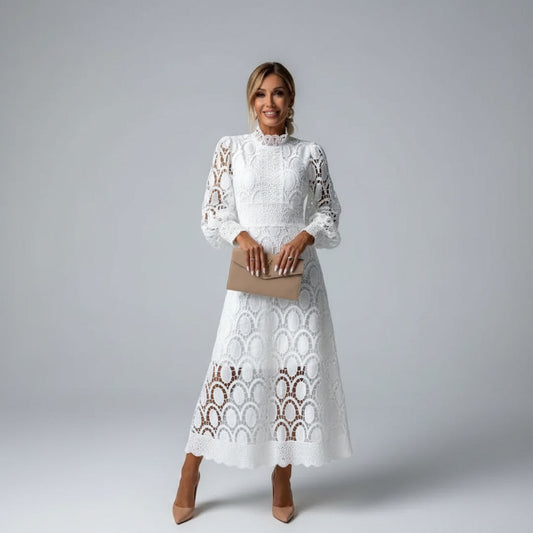 Alba Muse Long Sleeve Lace Midi Dress High Neck Wedding Guest