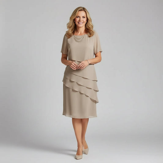 Alba Muse Tiered Chiffon Midi Dress Layered Short Sleeve