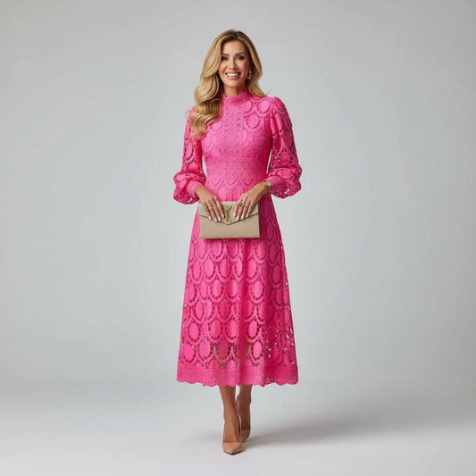 Alba Muse Long Sleeve Lace Midi Dress High Neck Wedding Guest