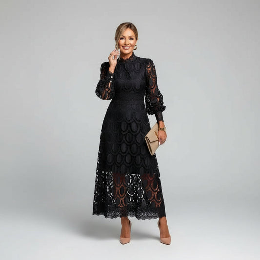 Alba Muse Long Sleeve Lace Midi Dress High Neck Wedding Guest
