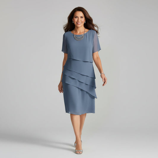 Alba Muse Tiered Chiffon Midi Dress Layered Short Sleeve