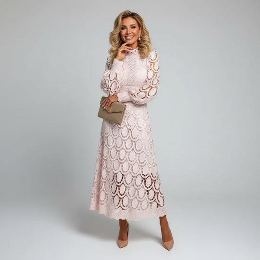 Alba Muse Long Sleeve Lace Midi Dress High Neck Wedding Guest
