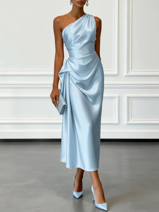 Alba Muse One-Shoulder Ruched Satin Midi Dress