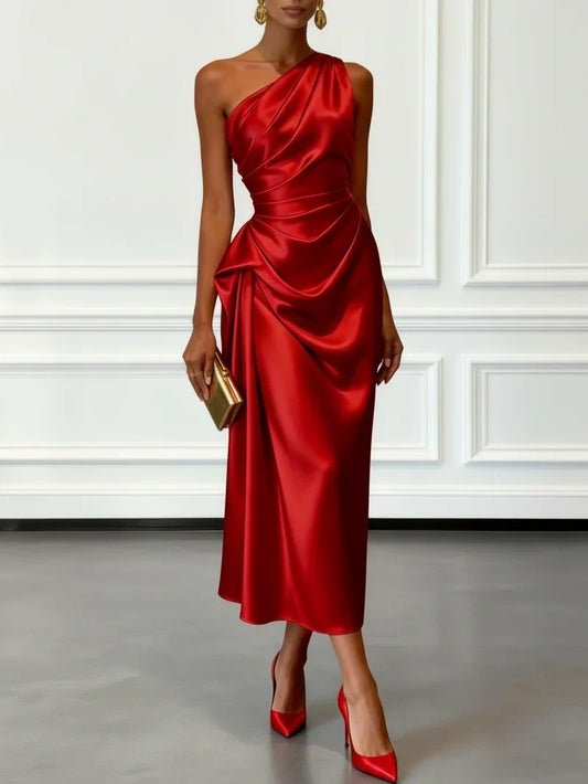 Alba Muse One-Shoulder Ruched Satin Midi Dress