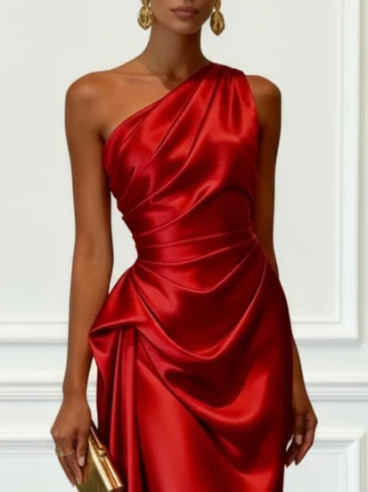 Alba Muse One-Shoulder Ruched Satin Midi Dress