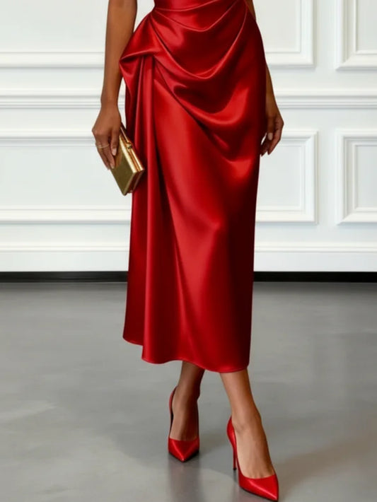 Alba Muse One-Shoulder Ruched Satin Midi Dress