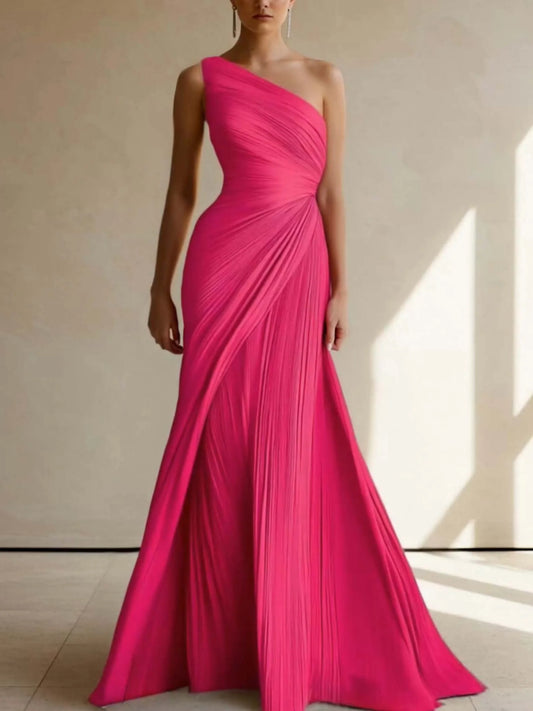 Alba Muse Elegant One-Shoulder Pleated Maxi Wedding Guest Dress