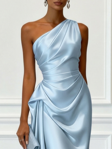 Alba Muse One-Shoulder Ruched Satin Midi Dress