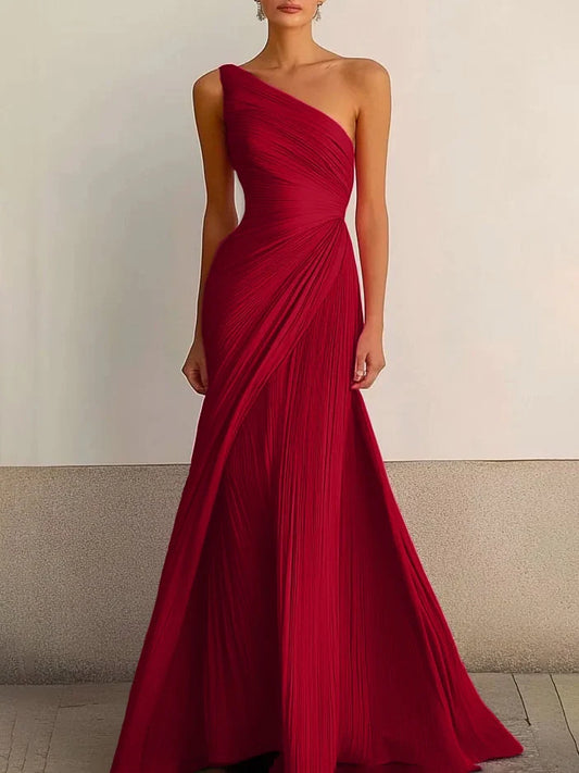 Alba Muse Elegant One-Shoulder Pleated Maxi Wedding Guest Dress