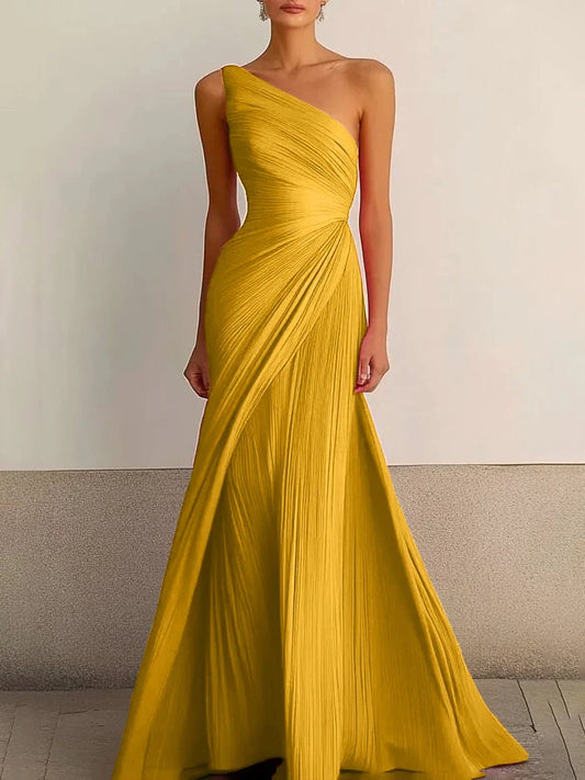 Alba Muse Elegant One-Shoulder Pleated Maxi Wedding Guest Dress