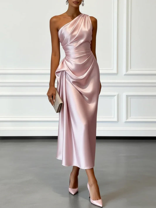 Alba Muse One-Shoulder Ruched Satin Midi Dress
