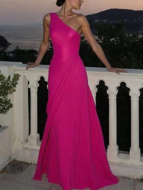 Alba Muse Elegant One-Shoulder Pleated Maxi Wedding Guest Dress