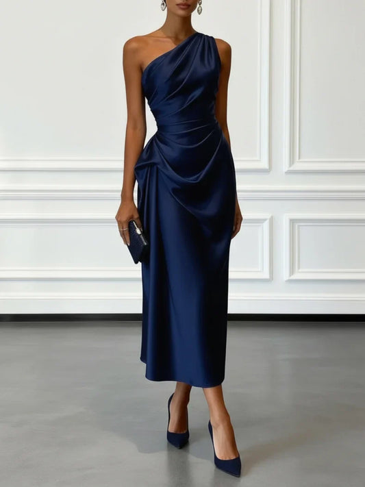 Alba Muse One-Shoulder Ruched Satin Midi Dress