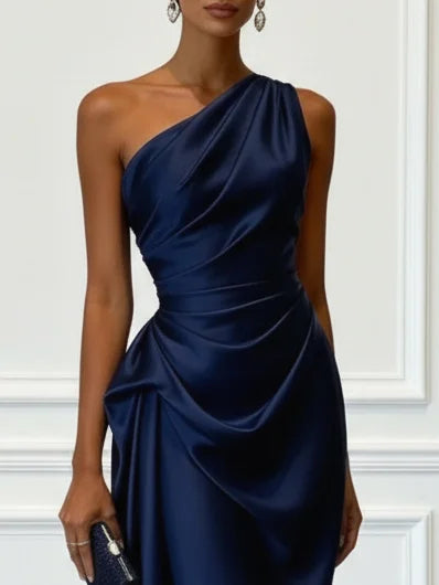Alba Muse One-Shoulder Ruched Satin Midi Dress