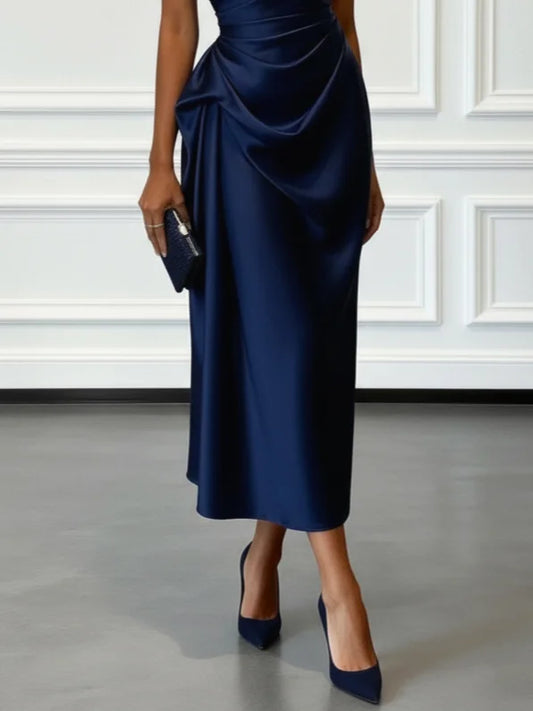 Alba Muse One-Shoulder Ruched Satin Midi Dress