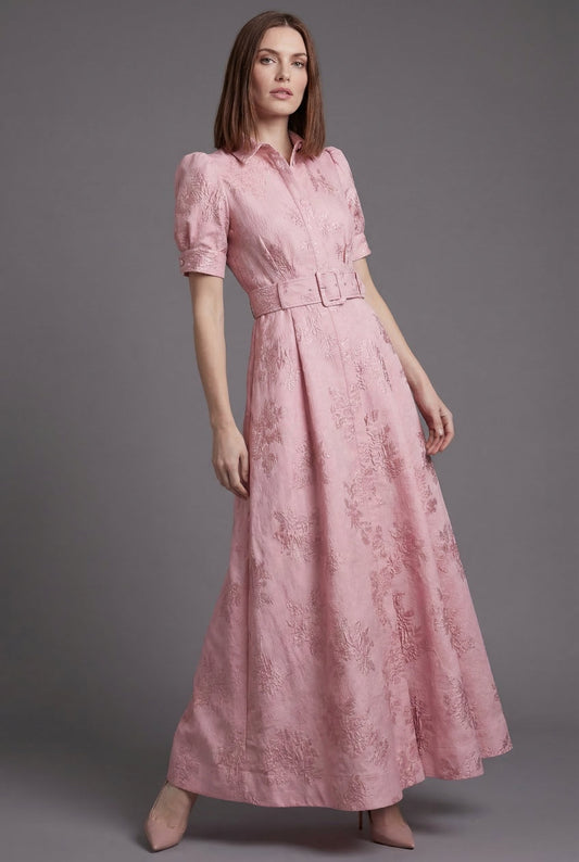 Alba Muse Belted Puff Sleeve Maxi Dress Textured Floral Pink