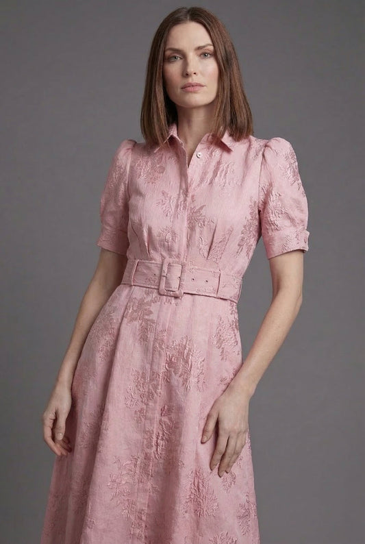 Alba Muse Belted Puff Sleeve Maxi Dress Textured Floral Pink