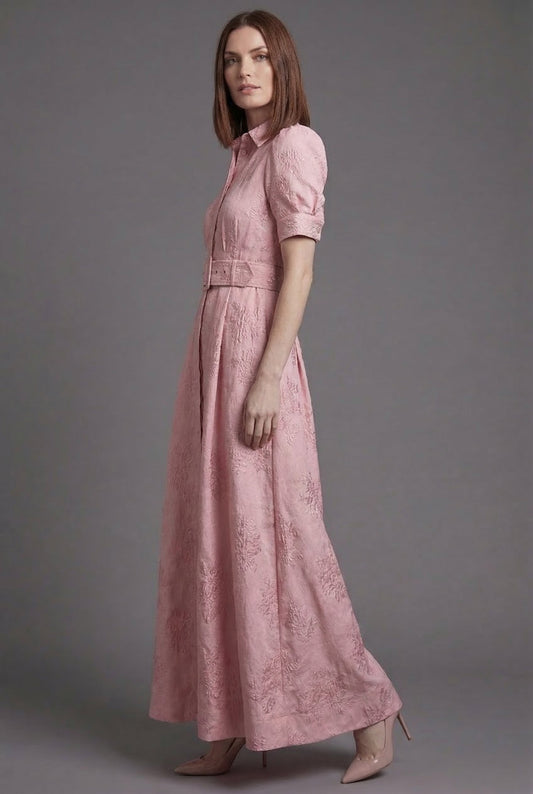 Alba Muse Belted Puff Sleeve Maxi Dress Textured Floral Pink