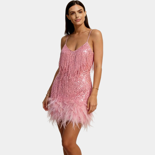 Alba Muse Sequin Feather Mini Dress with Spaghetti Straps
