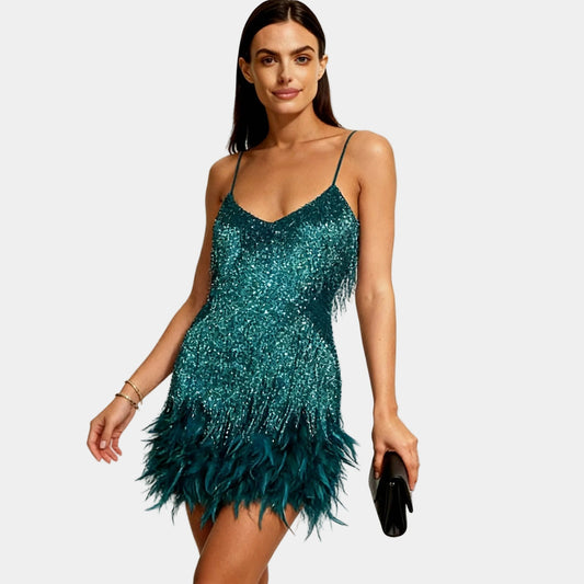 Alba Muse Sequin Feather Mini Dress with Spaghetti Straps