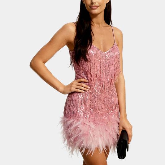 Alba Muse Sequin Feather Mini Dress with Spaghetti Straps