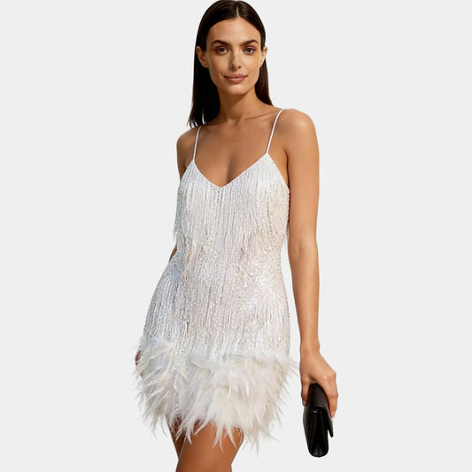 Alba Muse Sequin Feather Mini Dress with Spaghetti Straps