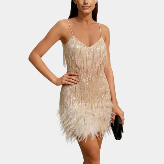 Alba Muse Sequin Feather Mini Dress with Spaghetti Straps