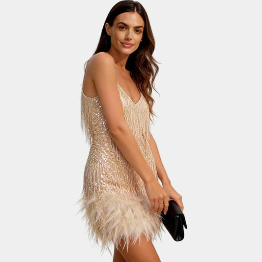 Alba Muse Sequin Feather Mini Dress with Spaghetti Straps