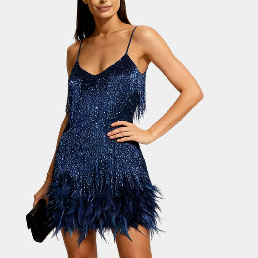 Alba Muse Sequin Feather Mini Dress with Spaghetti Straps