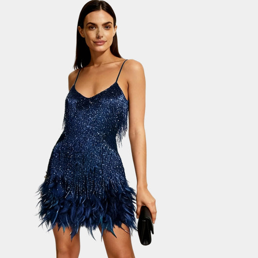 Alba Muse Sequin Feather Mini Dress with Spaghetti Straps