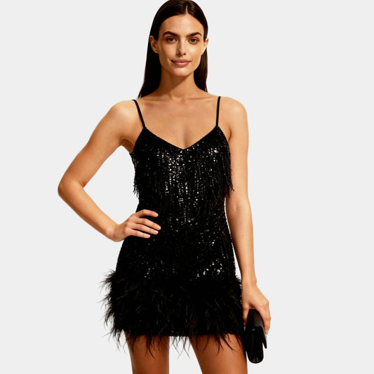 Alba Muse Sequin Feather Mini Dress with Spaghetti Straps