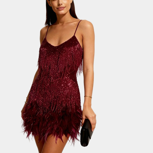 Alba Muse Sequin Feather Mini Dress with Spaghetti Straps