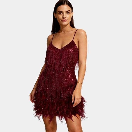 Alba Muse Sequin Feather Mini Dress with Spaghetti Straps