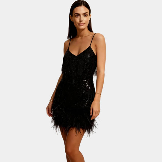 Alba Muse Sequin Feather Mini Dress with Spaghetti Straps