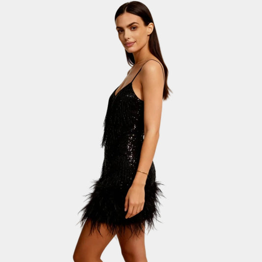 Alba Muse Sequin Feather Mini Dress with Spaghetti Straps