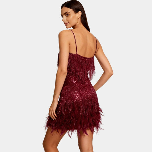 Alba Muse Sequin Feather Mini Dress with Spaghetti Straps