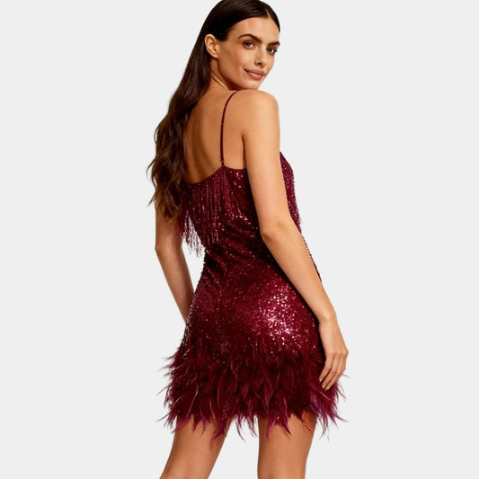 Alba Muse Sequin Feather Mini Dress with Spaghetti Straps