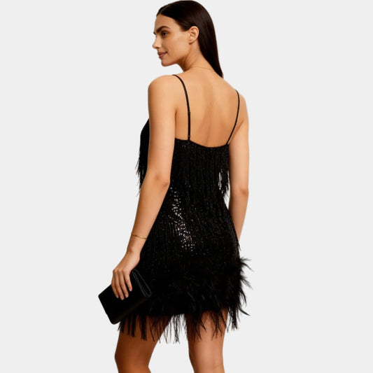 Alba Muse Sequin Feather Mini Dress with Spaghetti Straps